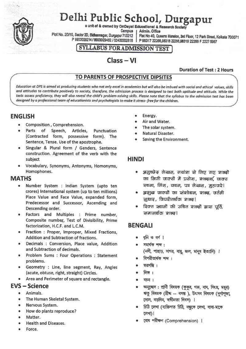 Syllabus for Admission Test, Class VI, 2022-23