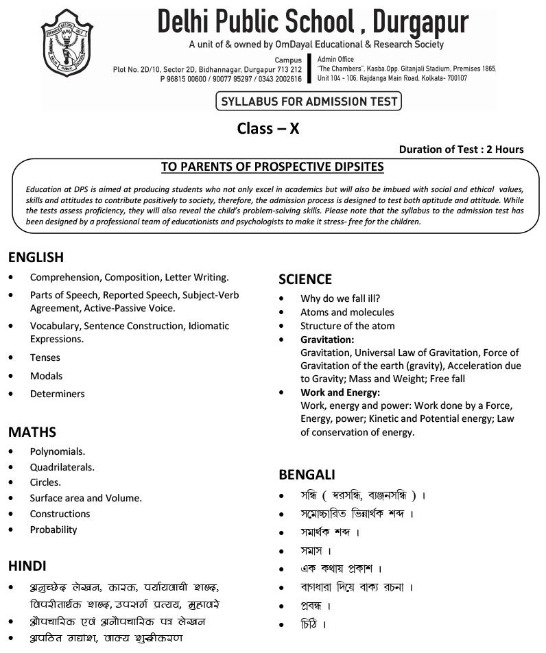 Syllabus for Admission Test, Class X, 2022-23