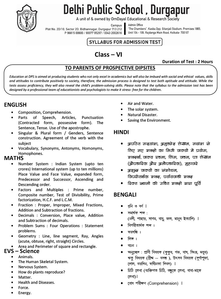 Syllabus for Admission Test, Class VI, 2022-23