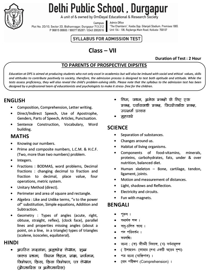 Syllabus for Admission Test, Class VII, 2022-23