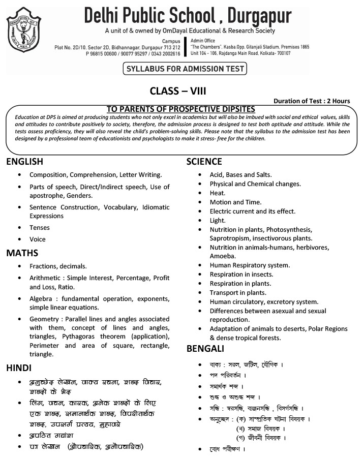 Syllabus for Admission Test, Class VIII, 2022-23
