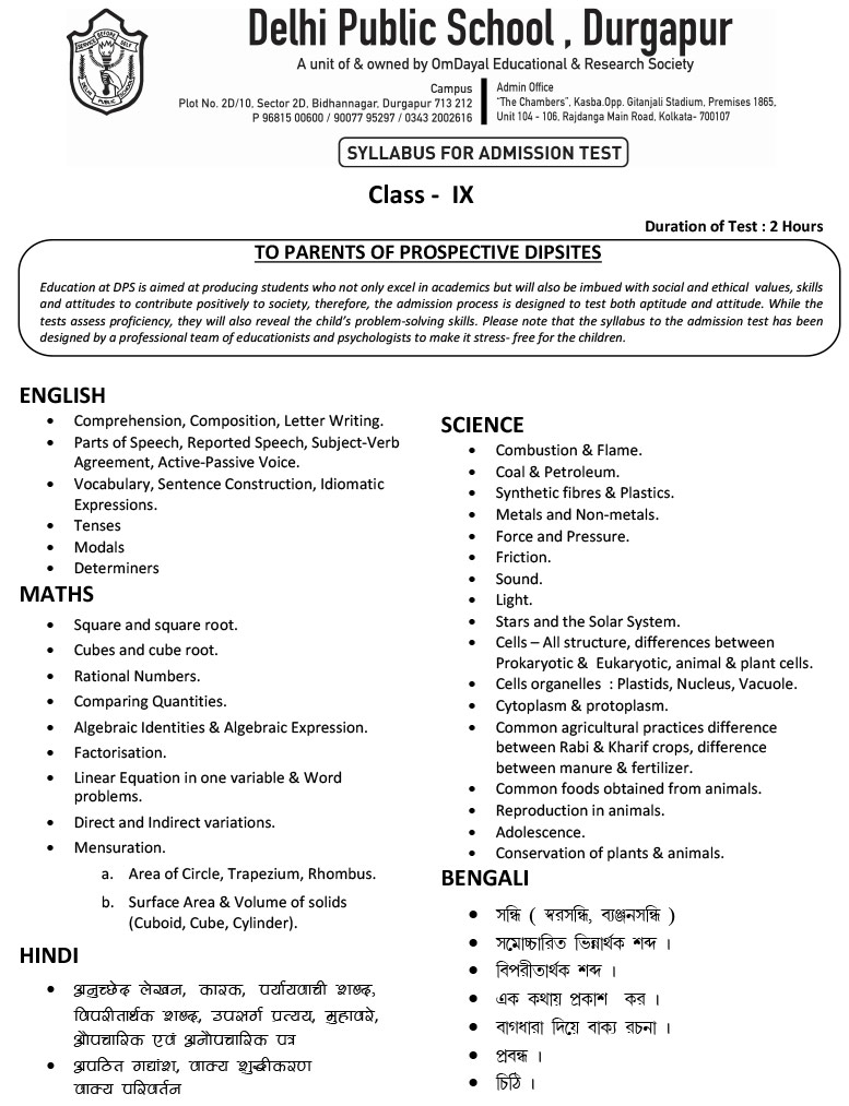 Syllabus for Admission Test, Class IX, 2022-23