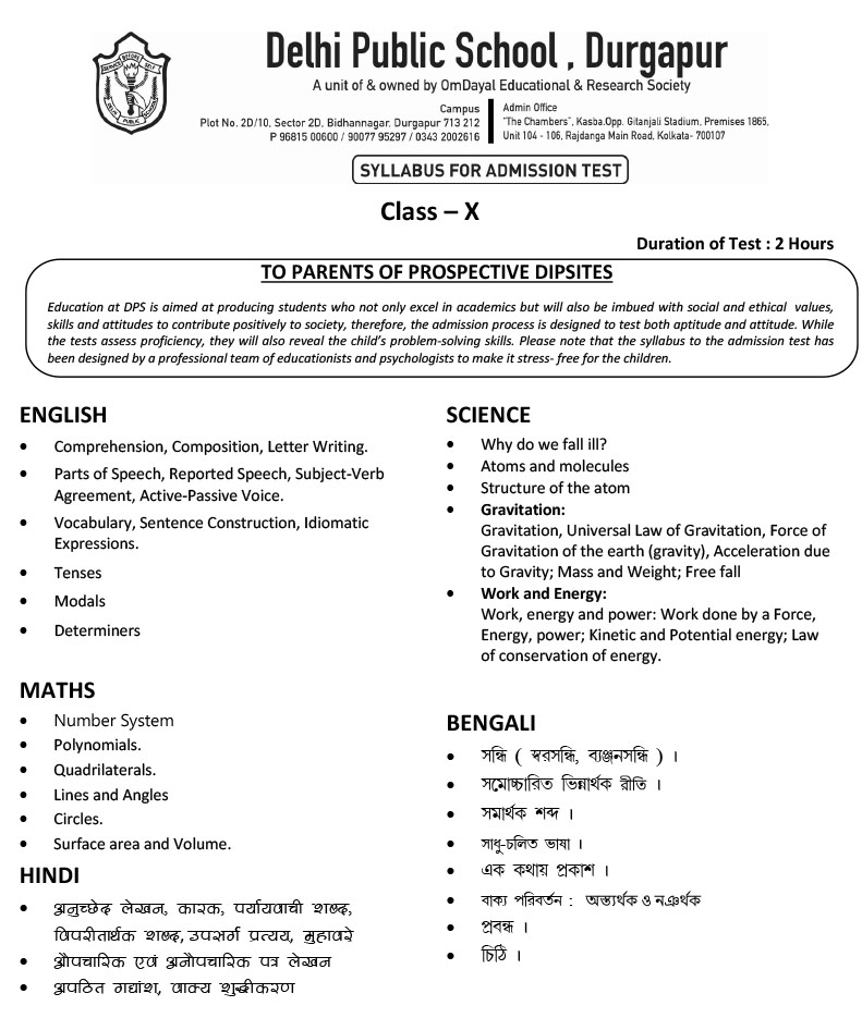 Syllabus for Admission Test, Class X, 2023-24