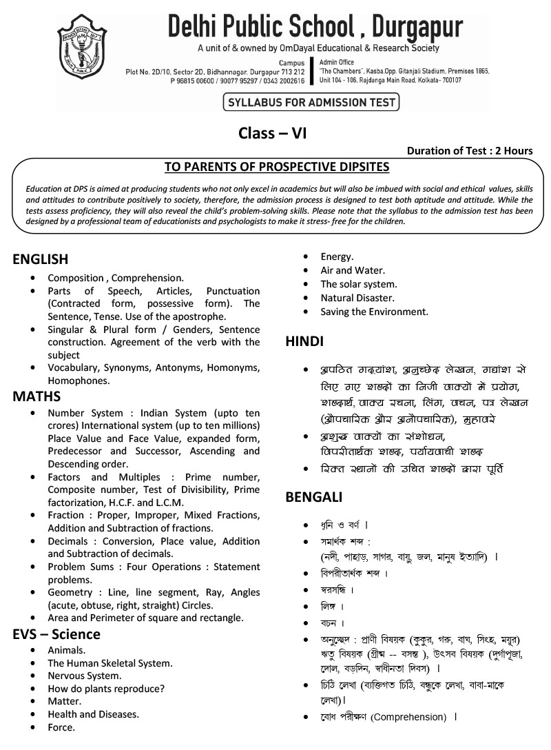 Syllabus for Admission Test, Class VI, 2023-24