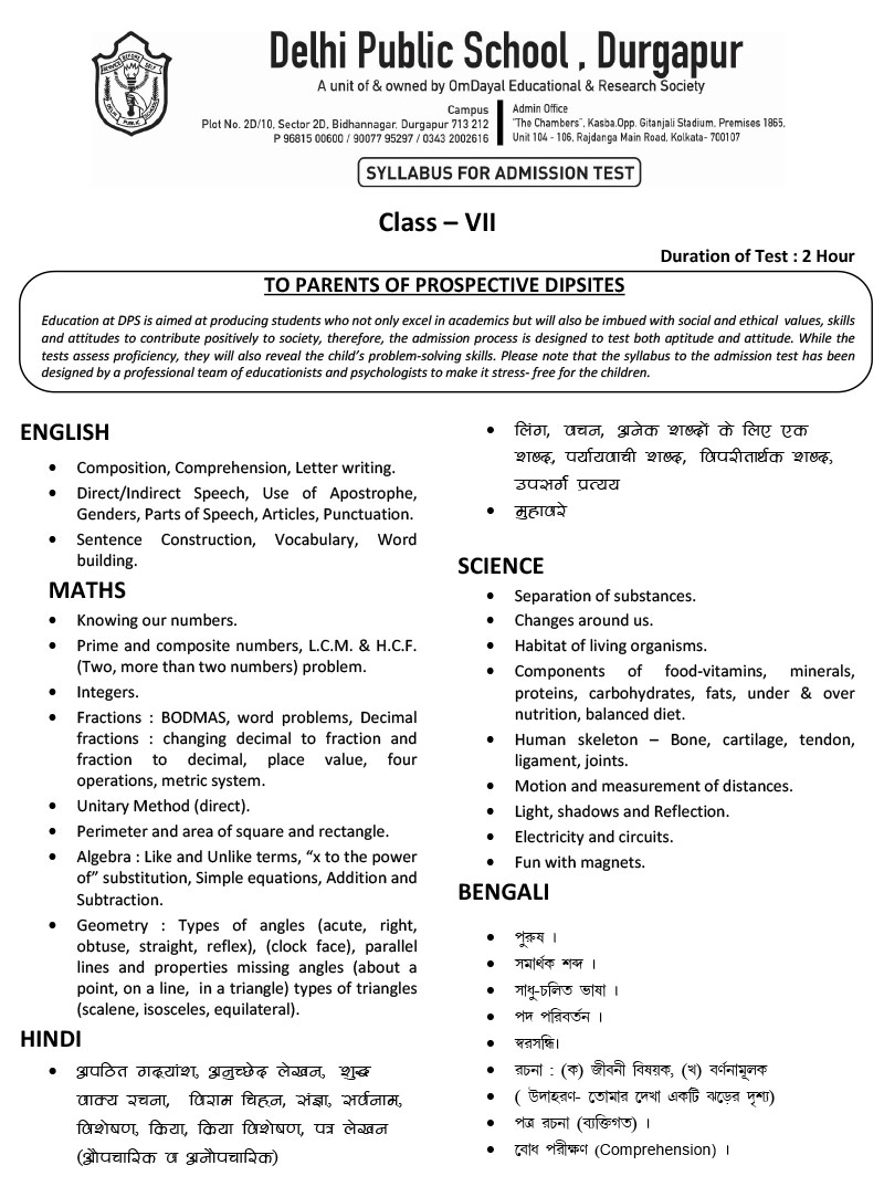 Syllabus for Admission Test, Class VII, 2023-24
