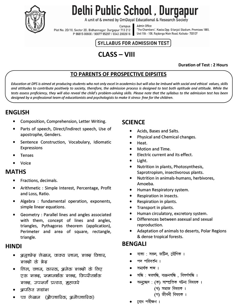 Syllabus for Admission Test, Class VIII, 2023-24