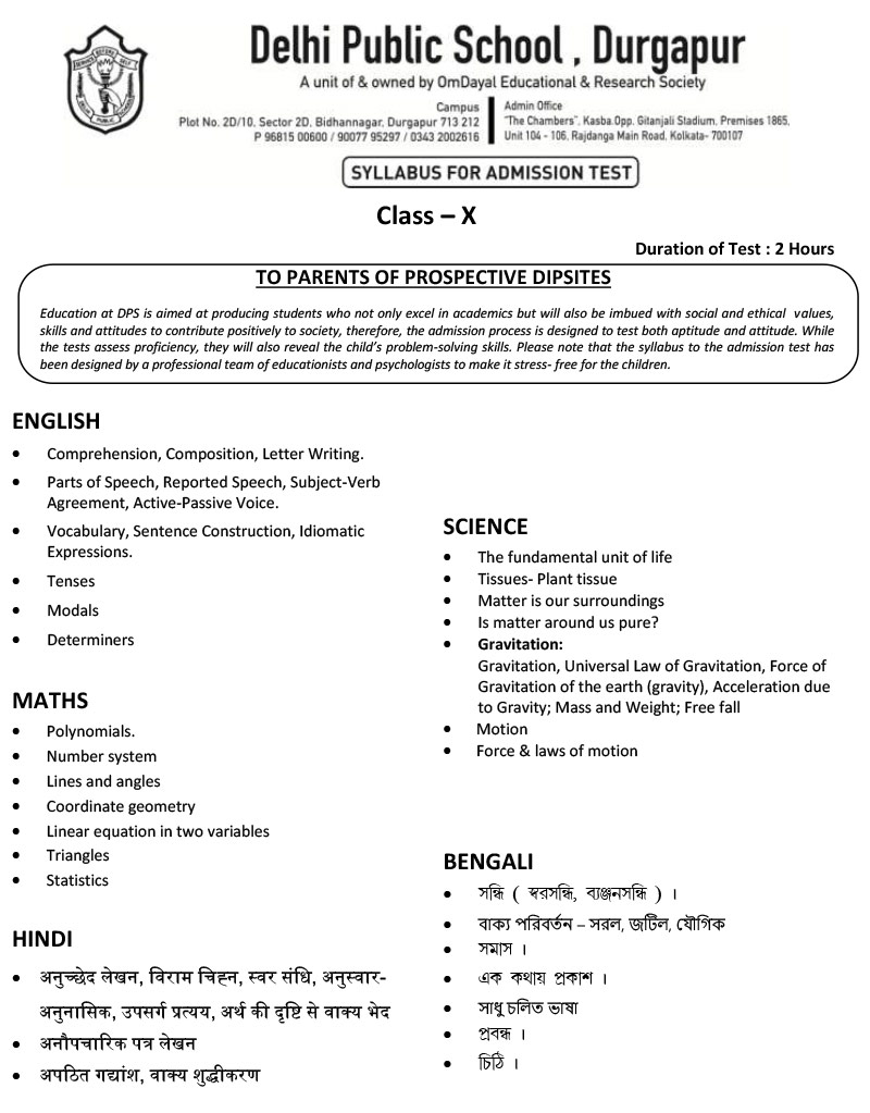 Syllabus for Admission Test, Class X, 2024-25