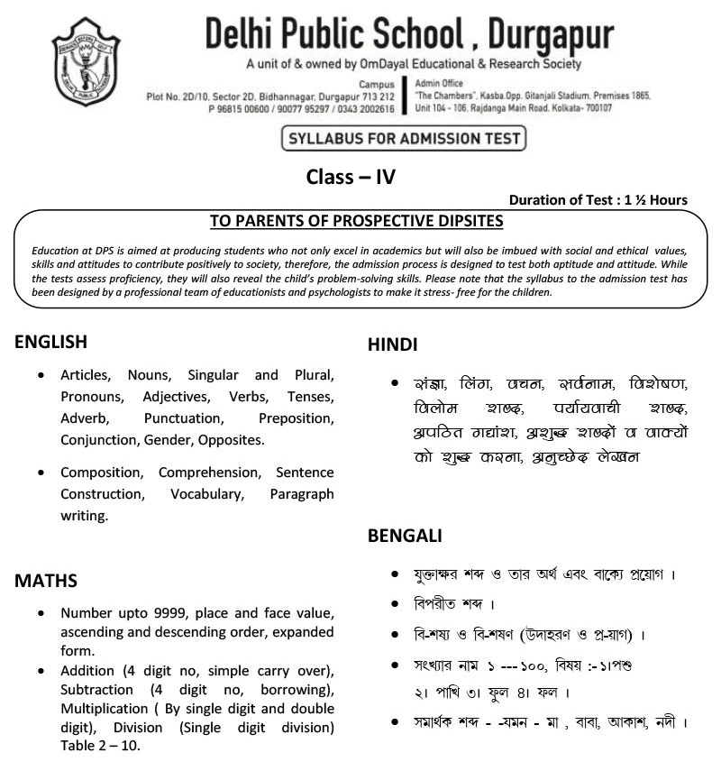 Syllabus for Admission Test, Class IV, 2024-25