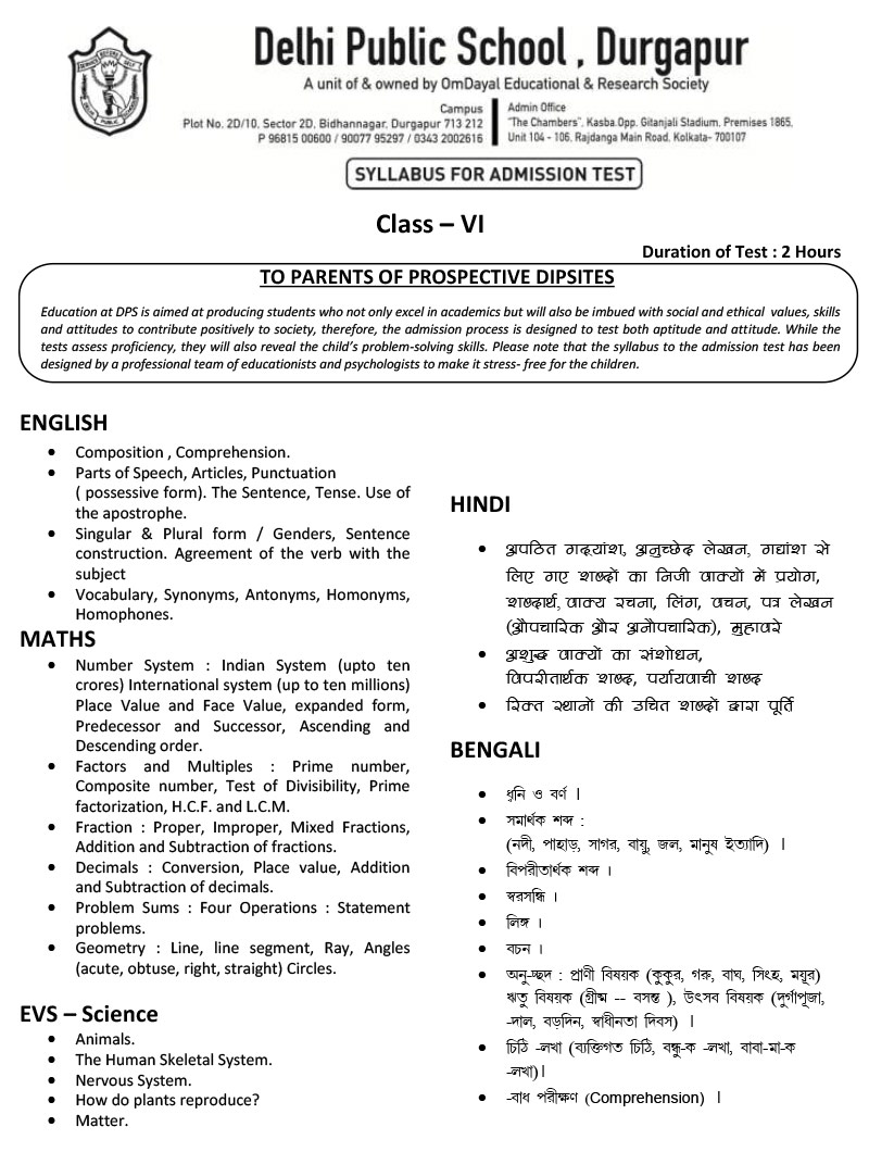 Syllabus for Admission Test, Class VI, 2024-25