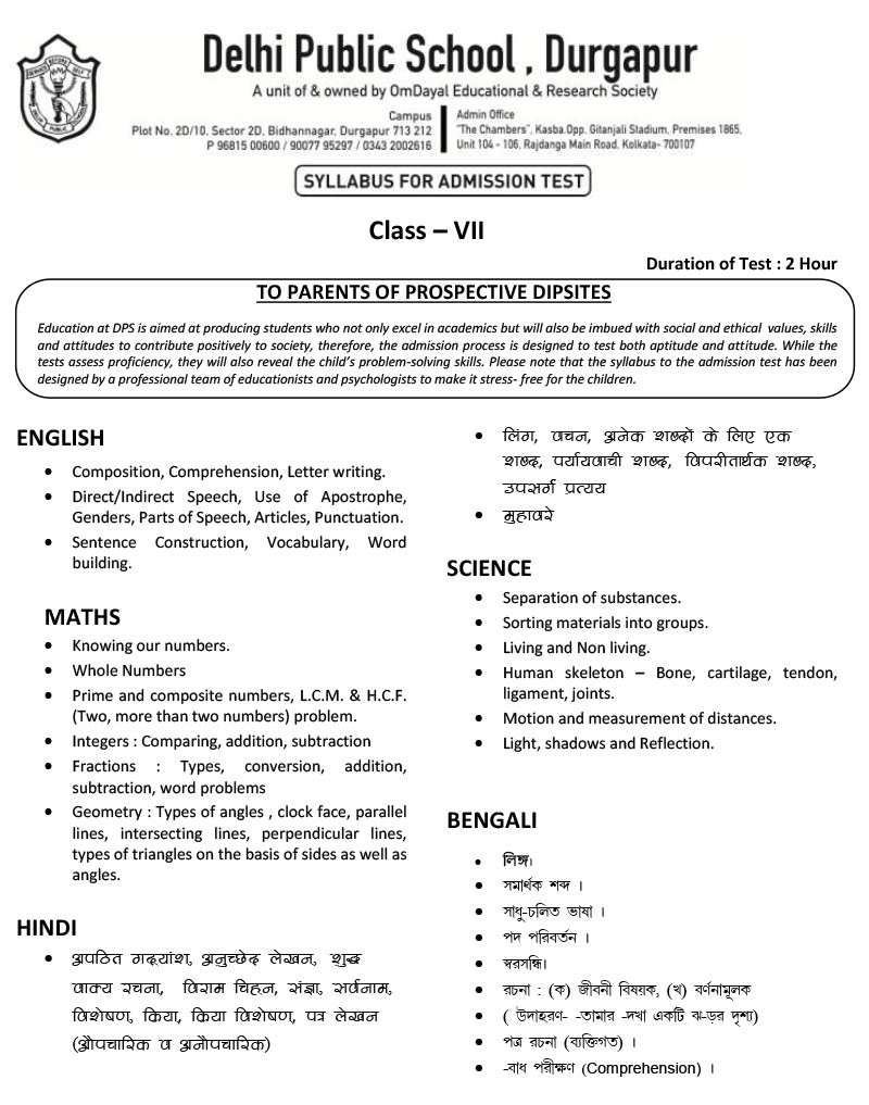 Syllabus for Admission Test, Class VII, 2024-25